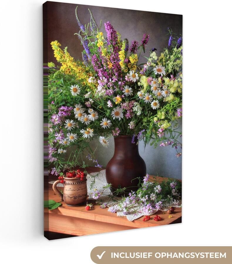 OneMillionCanvasses Canvas schilderij 40x60 cm Wanddecoratie Bloemen Tafel Stilleven Boeket Vaas Muurdecoratie woonkamer Slaapkamer decoratie Kamer accessoires Schilderijen op canvas