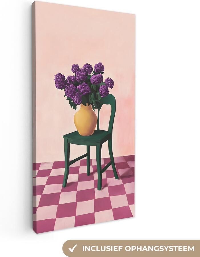 OneMillionCanvasses Canvas schilderij 40x80 cm Exclusieve wanddecoratie Stoel Vaas Bloemen Geblokt Muurdecoratie woonkamer Slaapkamer decoratie Kamer accessoires Schilderijen op canvas