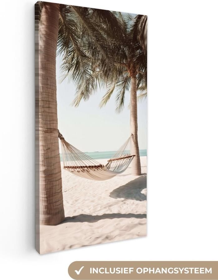 OneMillionCanvasses Canvas schilderij 40x80 cm Wanddecoratie Hangmat Palmbomen Strand Zee Muurdecoratie woonkamer Slaapkamer decoratie Kamer accessoires Schilderijen op canvas