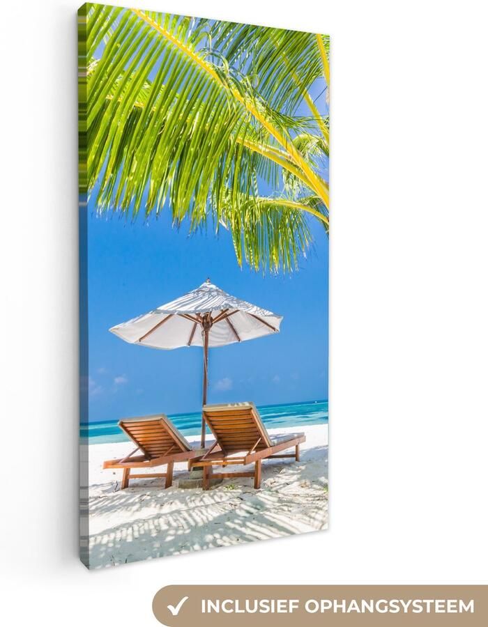 OneMillionCanvasses Canvas schilderij 80x160 cm Wanddecoratie Palmboom Strandstoel Parasol Muurdecoratie woonkamer Slaapkamer decoratie Kamer accessoires Schilderijen op canvas