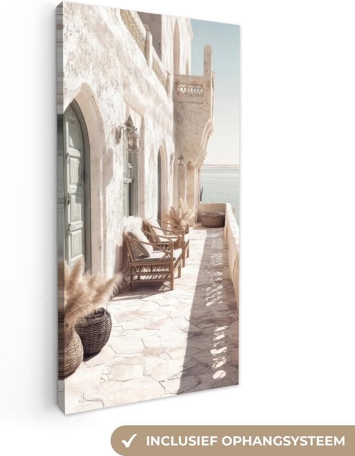 OneMillionCanvasses Canvas schilderij 80x160 cm Wanddecoratie Terras Stoelen Strand Beige Muurdecoratie woonkamer Slaapkamer decoratie Kamer accessoires Schilderijen op canvas