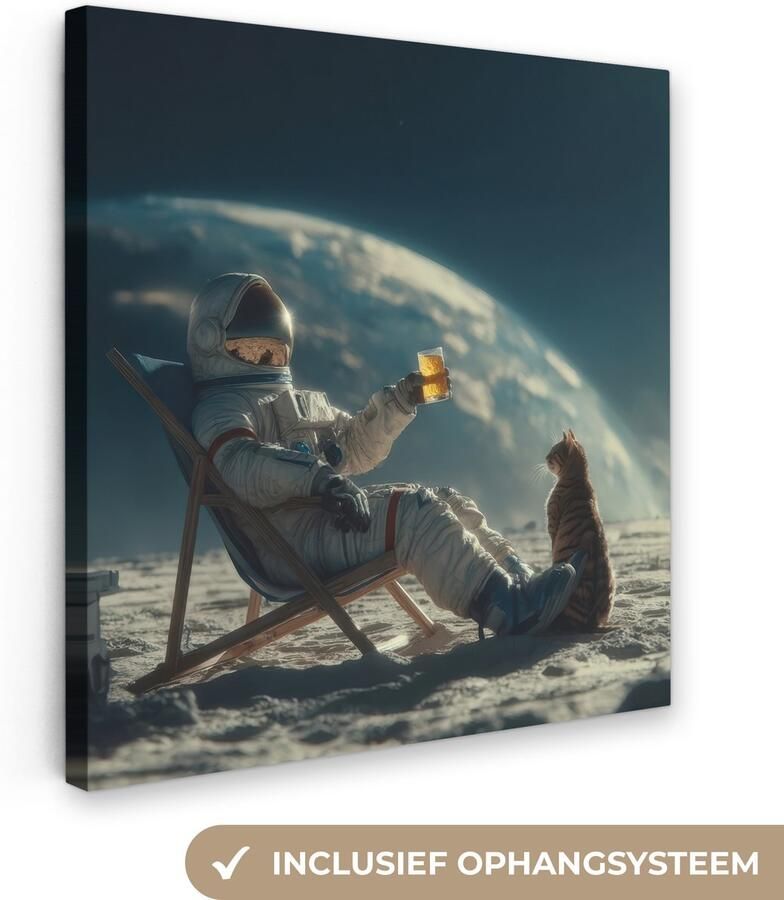 OneMillionCanvasses Canvas schilderij 90x90 cm Exclusieve wanddecoratie Astronaut Kat Glas Stoel Muurdecoratie woonkamer Slaapkamer decoratie Kamer accessoires Schilderijen op canvas