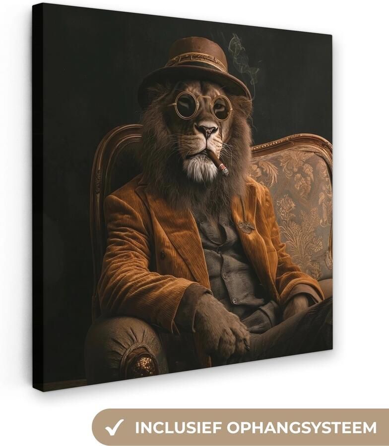 OneMillionCanvasses Canvas schilderij 90x90 cm Exclusieve wanddecoratie Bril Leeuw Bank Hoed Muurdecoratie woonkamer Slaapkamer decoratie Kamer accessoires Schilderijen op canvas