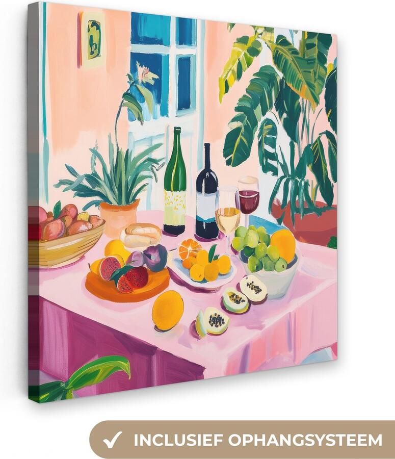 OneMillionCanvasses Canvas schilderij 90x90 cm Exclusieve wanddecoratie Tafel Wijn Fruit Muurdecoratie woonkamer Slaapkamer decoratie Kamer accessoires Schilderijen op canvas Eclectisch Aesthetic room decor