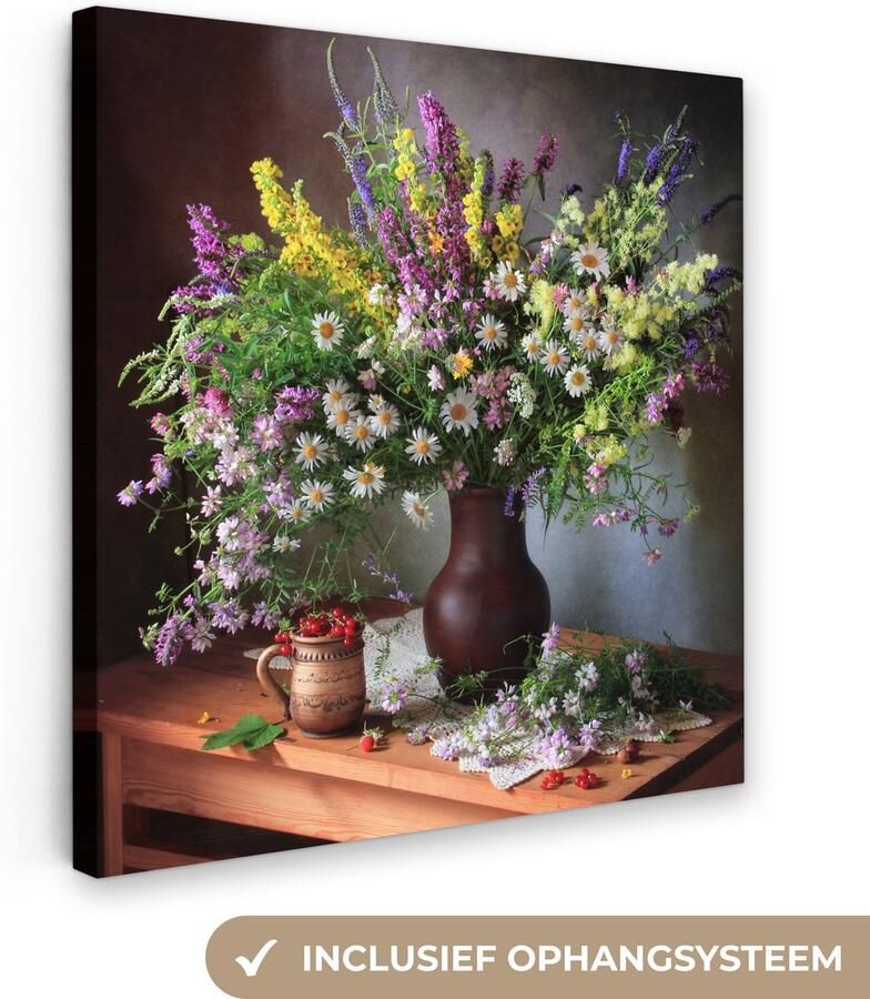 OneMillionCanvasses Canvas schilderij 90x90 cm Wanddecoratie Bloemen Tafel Stilleven Boeket Vaas Muurdecoratie woonkamer Slaapkamer decoratie Kamer accessoires Schilderijen op canvas