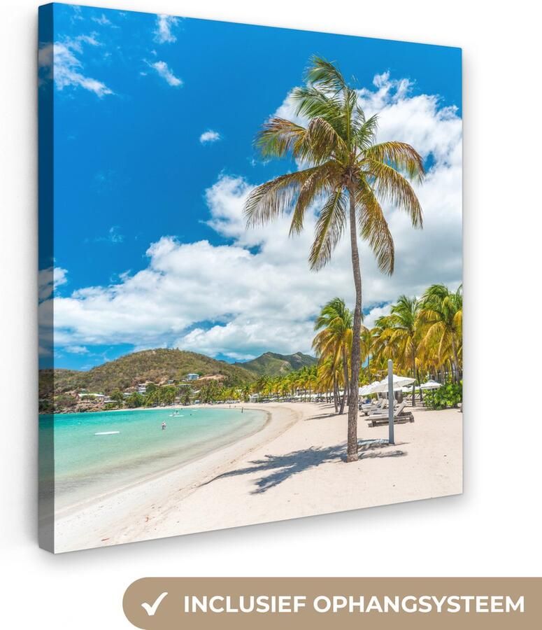 OneMillionCanvasses Canvas schilderij 20x20 cm Wanddecoratie Strand Ligbed Palmbomen Muurdecoratie woonkamer Slaapkamer decoratie Kamer accessoires Schilderijen op canvas