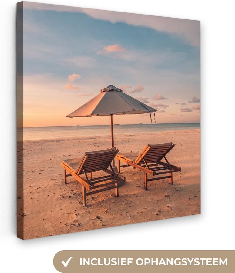 OneMillionCanvasses Canvas schilderij 20x20 cm Wanddecoratie Strand Ligbed Parasol Muurdecoratie woonkamer Slaapkamer decoratie Kamer accessoires Schilderijen op canvas