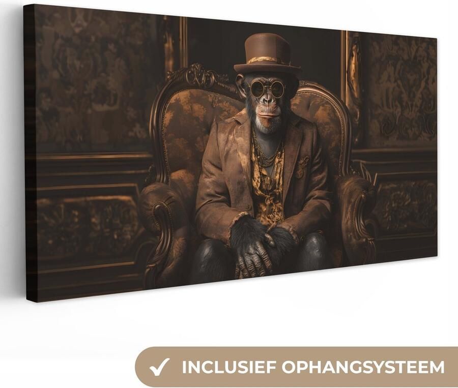 OneMillionCanvasses Canvas schilderij 100x50 cm Exclusieve wanddecoratie Chimpansee Stoel Pak Bruin Muurdecoratie woonkamer Slaapkamer decoratie Kamer accessoires Schilderijen op canvas