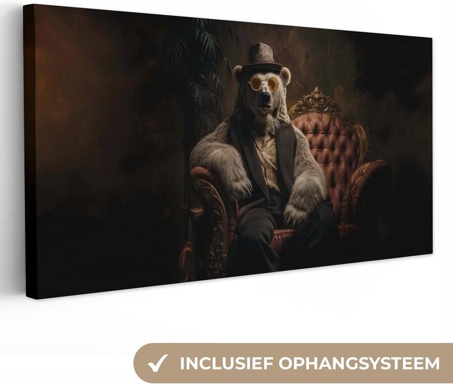OneMillionCanvasses Canvas schilderij 100x50 cm Exclusieve wanddecoratie Ijsbeer Hoed Bril Stoel Muurdecoratie woonkamer Slaapkamer decoratie Kamer accessoires Schilderijen op canvas