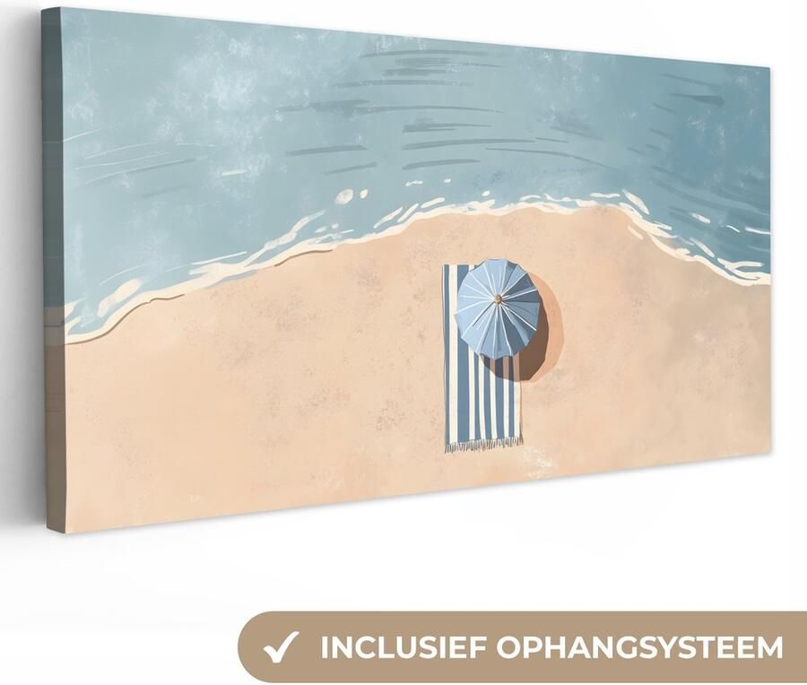 OneMillionCanvasses Canvas schilderij 100x50 cm Exclusieve wanddecoratie Strandlaken Strepen Parasol Strand Muurdecoratie woonkamer Slaapkamer decoratie Kamer accessoires Schilderijen op canvas