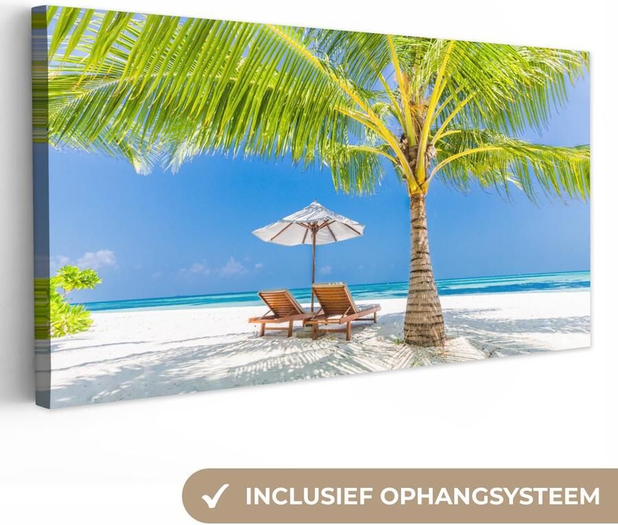 OneMillionCanvasses Canvas schilderij 200x100 cm Wanddecoratie Palmboom Strandstoel Parasol Muurdecoratie woonkamer Slaapkamer decoratie Kamer accessoires Schilderijen op canvas