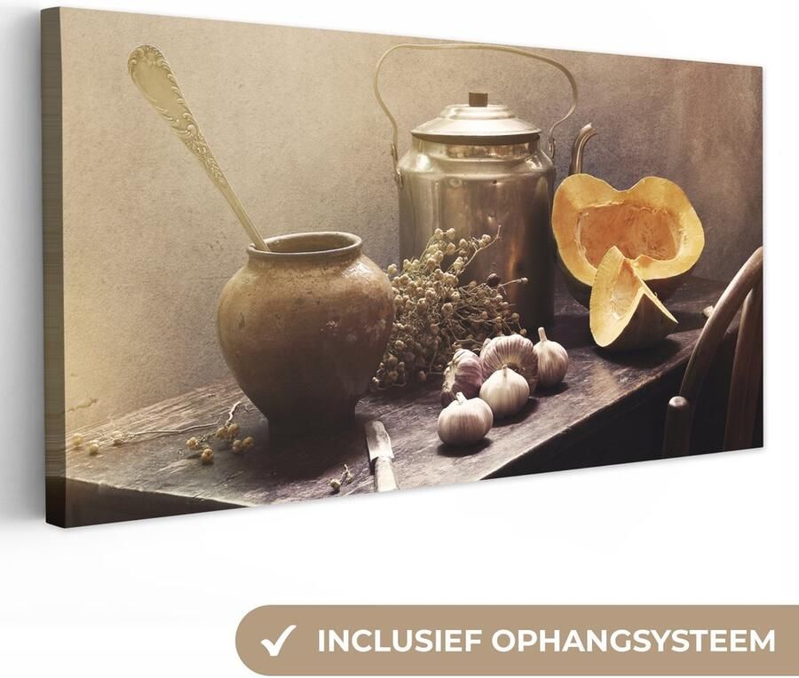 OneMillionCanvasses Canvas schilderij 160x80 cm Wanddecoratie Stilleven Pompoen Knoflook Pan Tafel Muurdecoratie woonkamer Slaapkamer decoratie Kamer accessoires Schilderijen op canvas