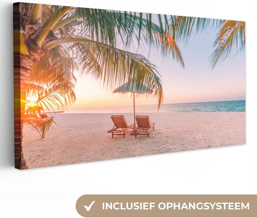 OneMillionCanvasses Canvas schilderij 200x100 cm Wanddecoratie Strand Palmbomen Parasol Muurdecoratie woonkamer Slaapkamer decoratie Kamer accessoires Schilderijen op canvas