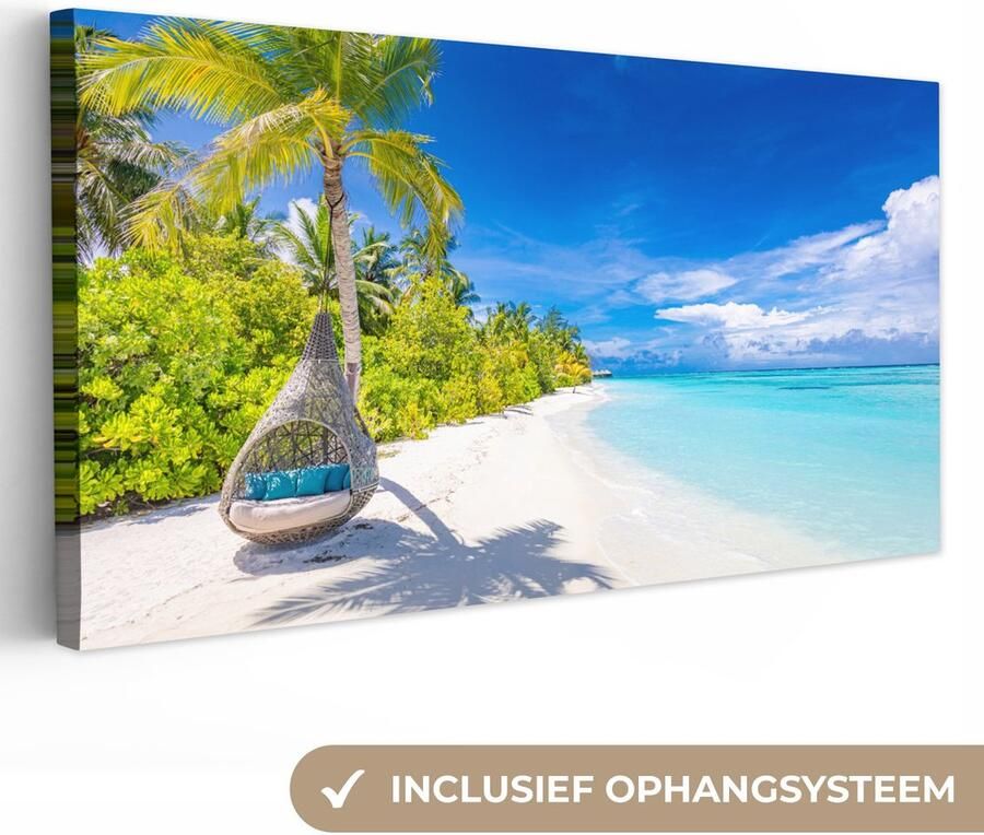 OneMillionCanvasses Canvas schilderij 60x30 cm Wanddecoratie Strand Palmboom Hangstoel Muurdecoratie woonkamer Slaapkamer decoratie Kamer accessoires Schilderijen op canvas