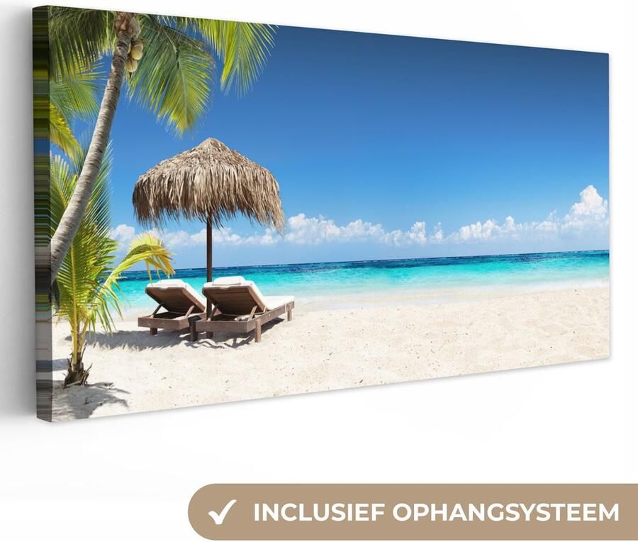 OneMillionCanvasses Canvas schilderij 100x50 cm Wanddecoratie Strand Parasol Zee Muurdecoratie woonkamer Slaapkamer decoratie Kamer accessoires Schilderijen op canvas