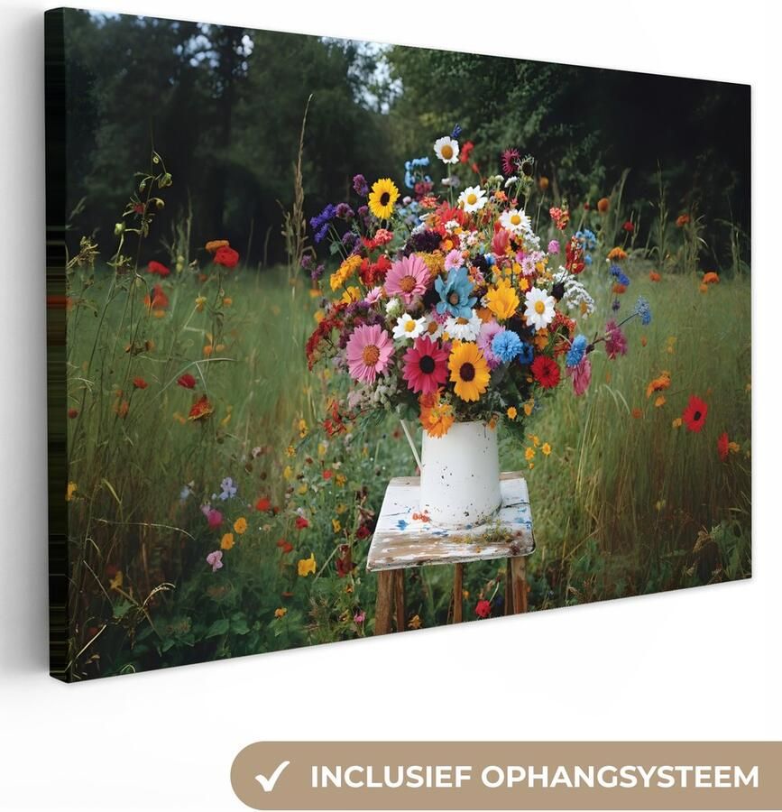 OneMillionCanvasses Canvas schilderij 140x90 cm Exclusieve wanddecoratie Bloemen Krukje Gieter Veld Muurdecoratie woonkamer Slaapkamer decoratie Kamer accessoires Schilderijen op canvas