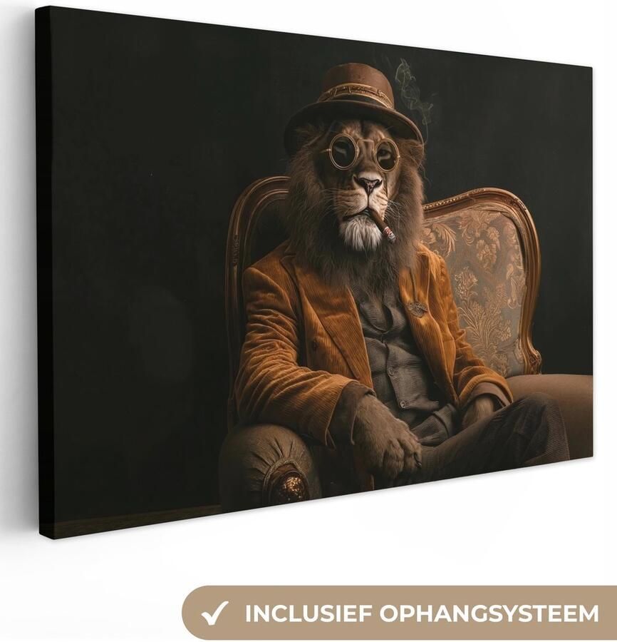 OneMillionCanvasses Canvas schilderij 150x100 cm Exclusieve wanddecoratie Bril Leeuw Bank Hoed Muurdecoratie woonkamer Slaapkamer decoratie Kamer accessoires Schilderijen op canvas
