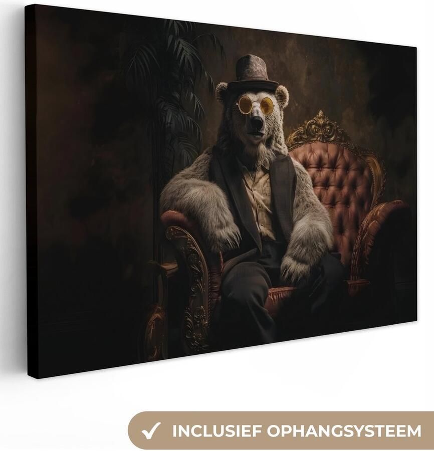 OneMillionCanvasses Canvas schilderij 150x100 cm Exclusieve wanddecoratie Ijsbeer Hoed Bril Stoel Muurdecoratie woonkamer Slaapkamer decoratie Kamer accessoires Schilderijen op canvas