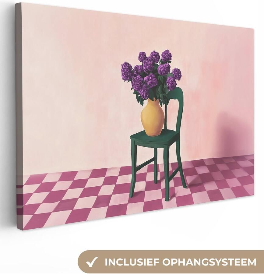 OneMillionCanvasses Canvas schilderij 150x100 cm Exclusieve wanddecoratie Stoel Vaas Bloemen Geblokt Muurdecoratie woonkamer Slaapkamer decoratie Kamer accessoires Schilderijen op canvas