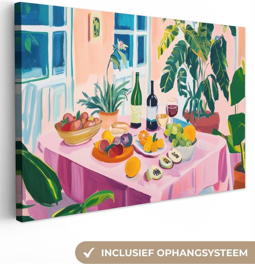 OneMillionCanvasses Canvas schilderij 140x90 cm Exclusieve wanddecoratie Tafel Wijn Fruit Muurdecoratie woonkamer Slaapkamer decoratie Kamer accessoires Schilderijen op canvas Eclectisch Aesthetic room decor
