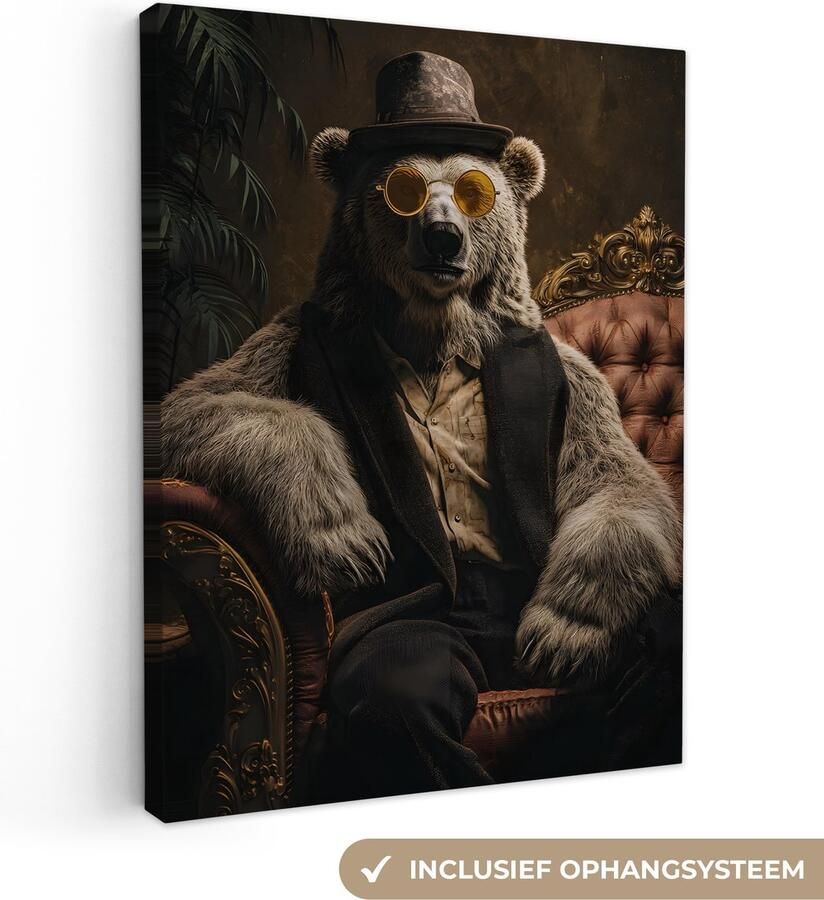 OneMillionCanvasses Canvas schilderij 90x120 cm Exclusieve wanddecoratie Ijsbeer Hoed Bril Stoel Muurdecoratie woonkamer Slaapkamer decoratie Kamer accessoires Schilderijen op canvas