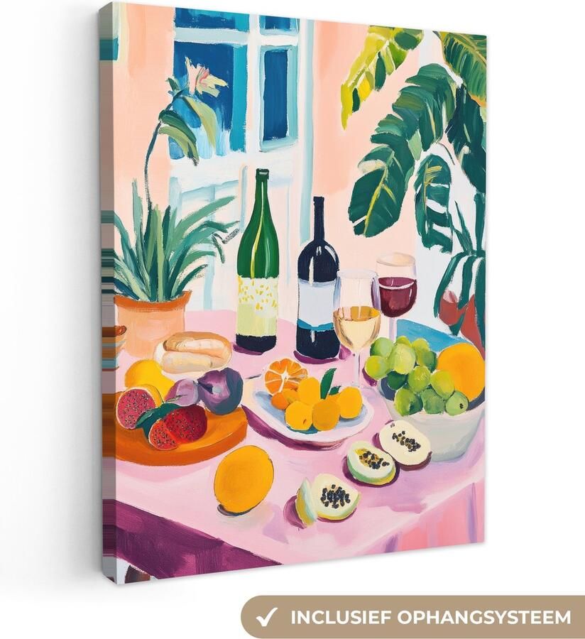 OneMillionCanvasses Canvas schilderij 30x40 cm Exclusieve wanddecoratie Tafel Wijn Fruit Muurdecoratie woonkamer Slaapkamer decoratie Kamer accessoires Schilderijen op canvas Eclectisch Aesthetic room decor