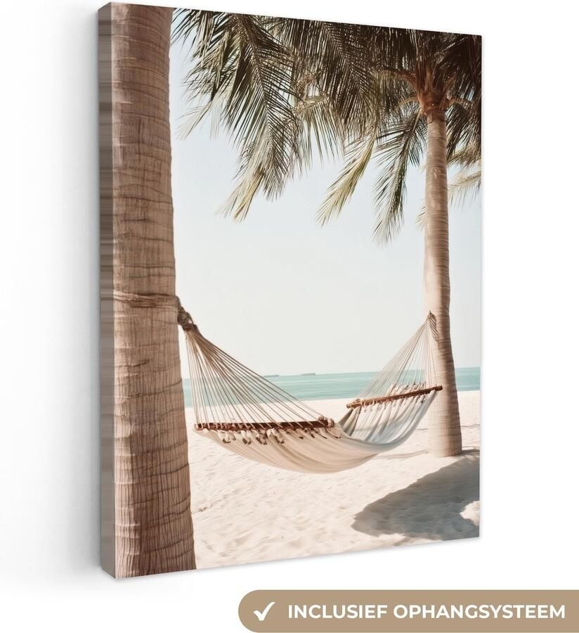OneMillionCanvasses Canvas schilderij 60x80 cm Wanddecoratie Hangmat Palmbomen Strand Zee Muurdecoratie woonkamer Slaapkamer decoratie Kamer accessoires Schilderijen op canvas