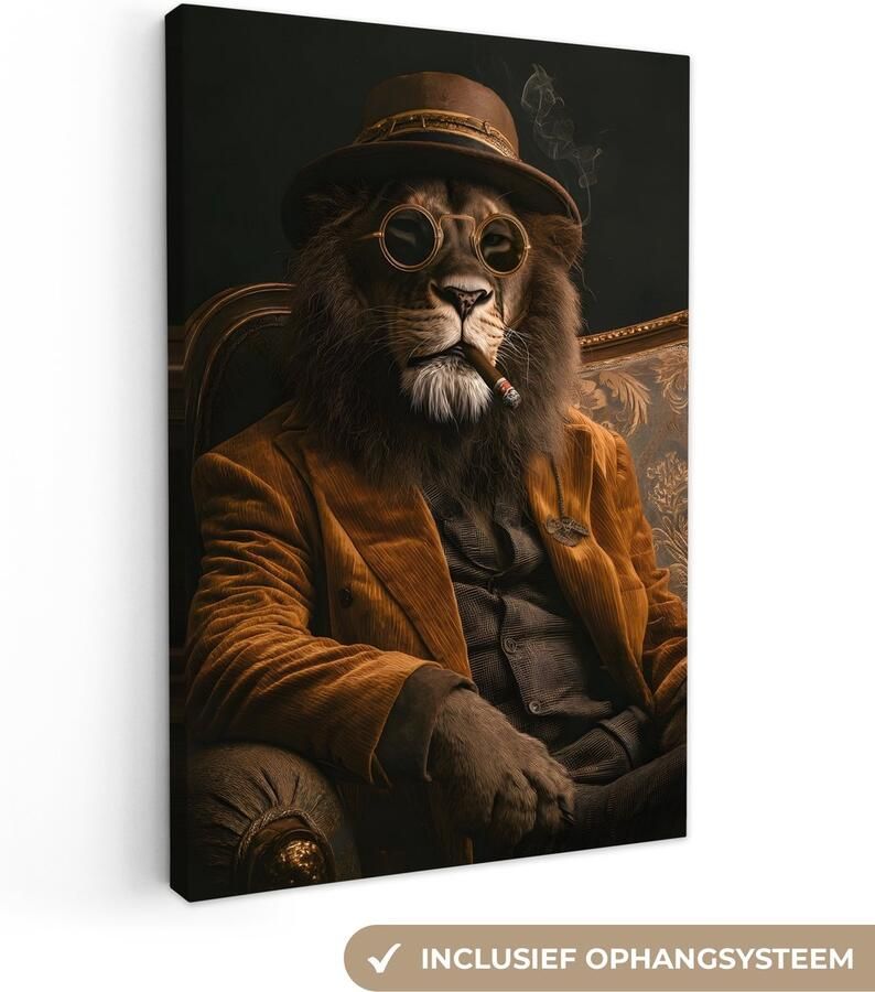 OneMillionCanvasses Canvas schilderij 40x60 cm Exclusieve wanddecoratie Bril Leeuw Bank Hoed Muurdecoratie woonkamer Slaapkamer decoratie Kamer accessoires Schilderijen op canvas
