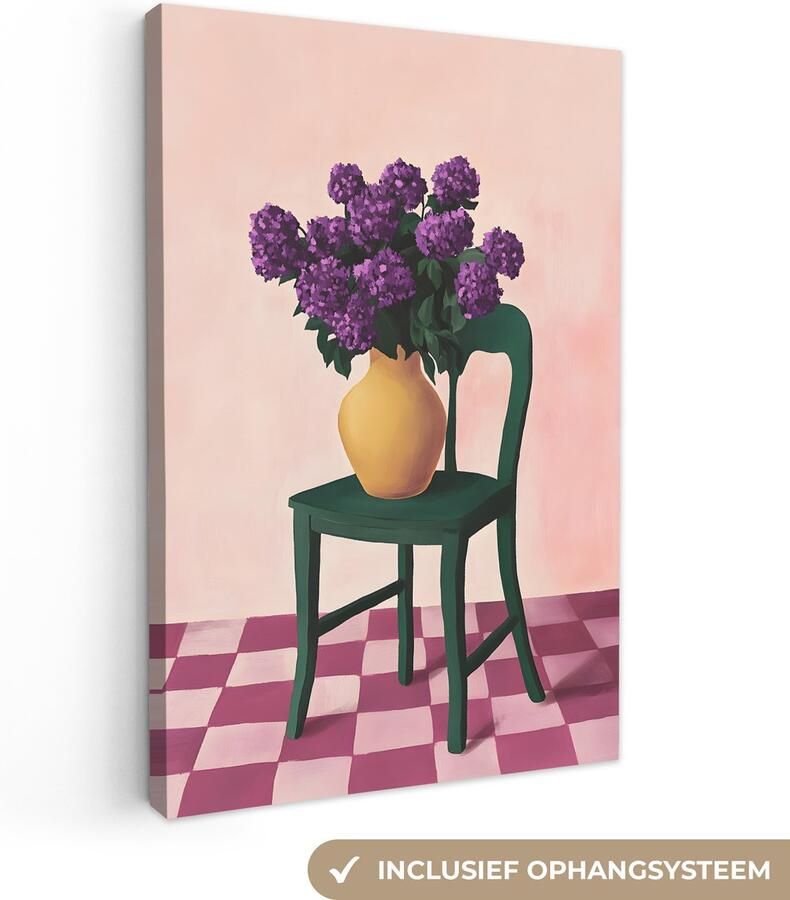 OneMillionCanvasses Canvas schilderij 40x60 cm Exclusieve wanddecoratie Stoel Vaas Bloemen Geblokt Muurdecoratie woonkamer Slaapkamer decoratie Kamer accessoires Schilderijen op canvas