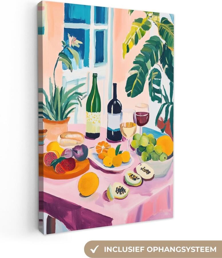 OneMillionCanvasses Canvas schilderij 40x60 cm Exclusieve wanddecoratie Tafel Wijn Fruit Muurdecoratie woonkamer Slaapkamer decoratie Kamer accessoires Schilderijen op canvas Eclectisch Aesthetic room decor
