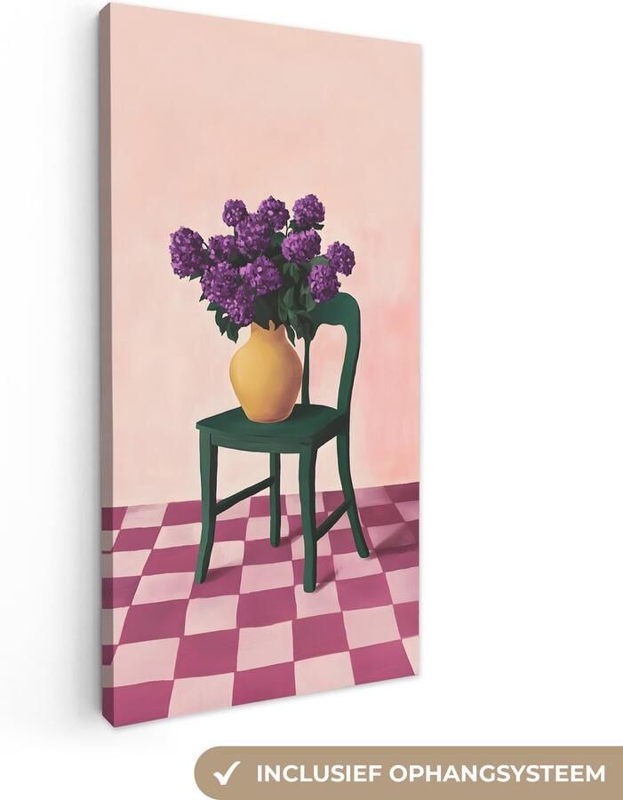 OneMillionCanvasses Canvas schilderij 80x160 cm Exclusieve wanddecoratie Stoel Vaas Bloemen Geblokt Muurdecoratie woonkamer Slaapkamer decoratie Kamer accessoires Schilderijen op canvas