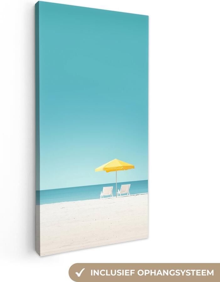 OneMillionCanvasses Canvas schilderij 40x80 cm Exclusieve wanddecoratie Strand Blauwe lucht Geel Parasol Muurdecoratie woonkamer Slaapkamer decoratie Kamer accessoires Schilderijen op canvas