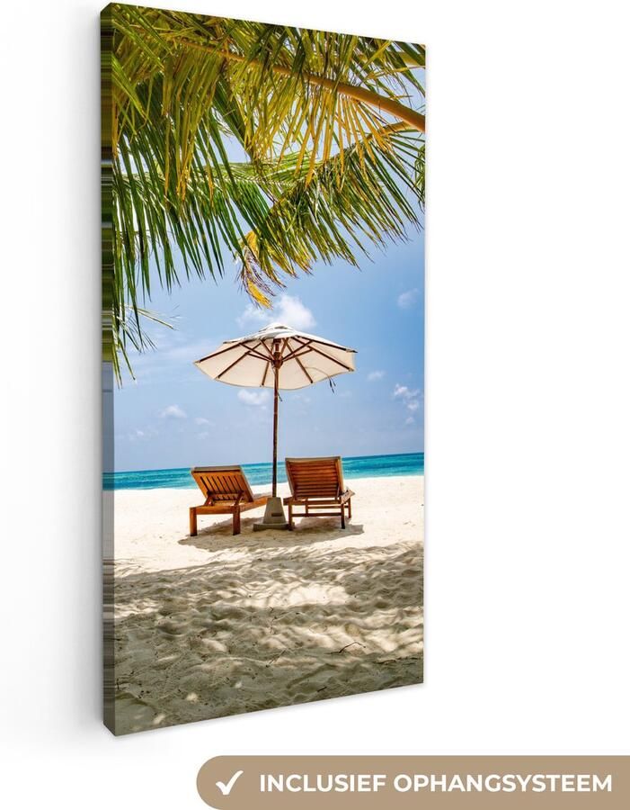 OneMillionCanvasses Canvas schilderij 80x160 cm Wanddecoratie Strand Strandstoel Parasol Muurdecoratie woonkamer Slaapkamer decoratie Kamer accessoires Schilderijen op canvas