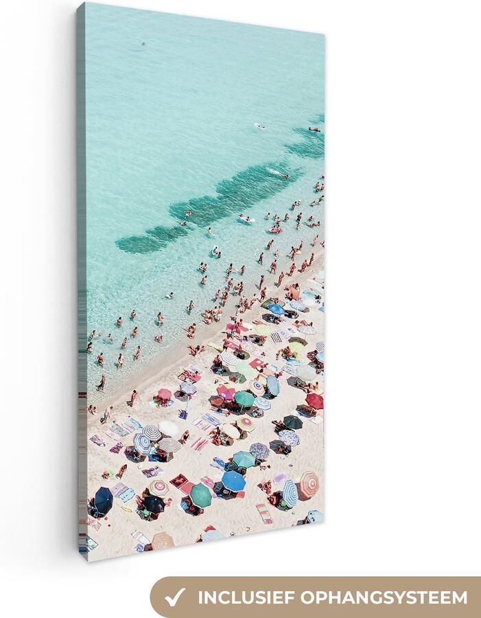 OneMillionCanvasses Canvas schilderij 20x40 cm Wanddecoratie Zee Strand Parasols Blauw Zomer Muurdecoratie woonkamer Slaapkamer decoratie Kamer accessoires Schilderijen op canvas