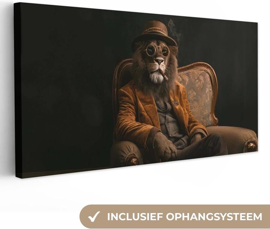 OneMillionCanvasses Canvas schilderij 160x80 cm Exclusieve wanddecoratie Bril Leeuw Bank Hoed Muurdecoratie woonkamer Slaapkamer decoratie Kamer accessoires Schilderijen op canvas