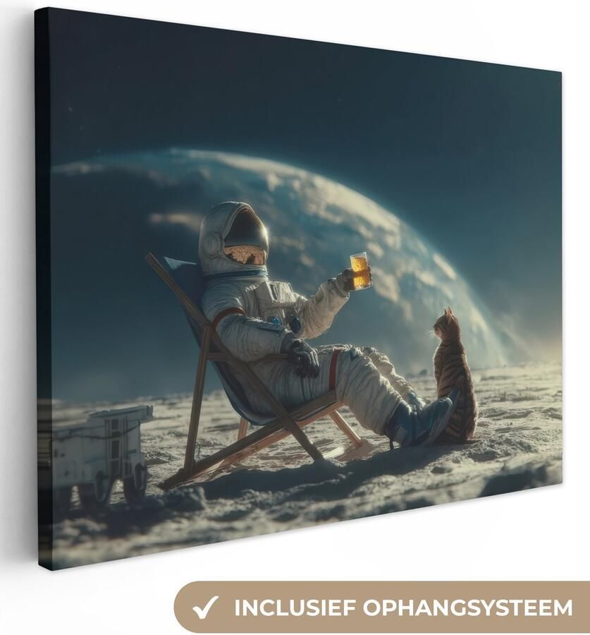 OneMillionCanvasses Canvas schilderij 120x90 cm Exclusieve wanddecoratie Astronaut Kat Glas Stoel Muurdecoratie woonkamer Slaapkamer decoratie Kamer accessoires Schilderijen op canvas