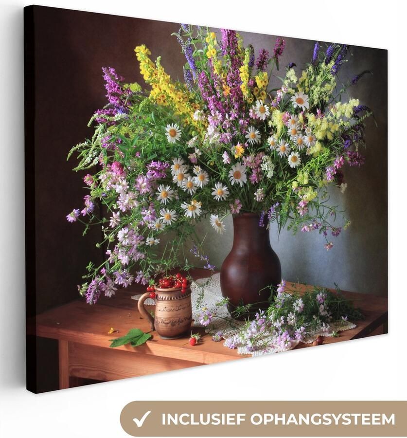OneMillionCanvasses Canvas schilderij 160x120 cm Wanddecoratie Bloemen Tafel Stilleven Boeket Vaas Muurdecoratie woonkamer Slaapkamer decoratie Kamer accessoires Schilderijen op canvas