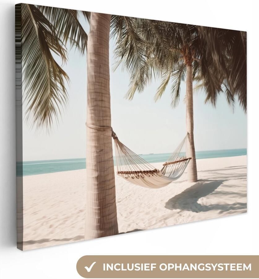OneMillionCanvasses Canvas schilderij 160x120 cm Wanddecoratie Hangmat Palmbomen Strand Zee Muurdecoratie woonkamer Slaapkamer decoratie Kamer accessoires Schilderijen op canvas