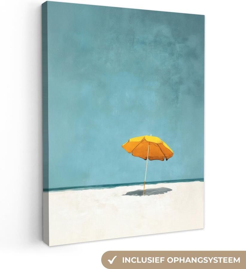 OneMillionCanvasses Canvas schilderij 90x120 cm Exclusieve wanddecoratie Parasol Geel Strand Zee Muurdecoratie woonkamer Slaapkamer decoratie Kamer accessoires Schilderijen op canvas