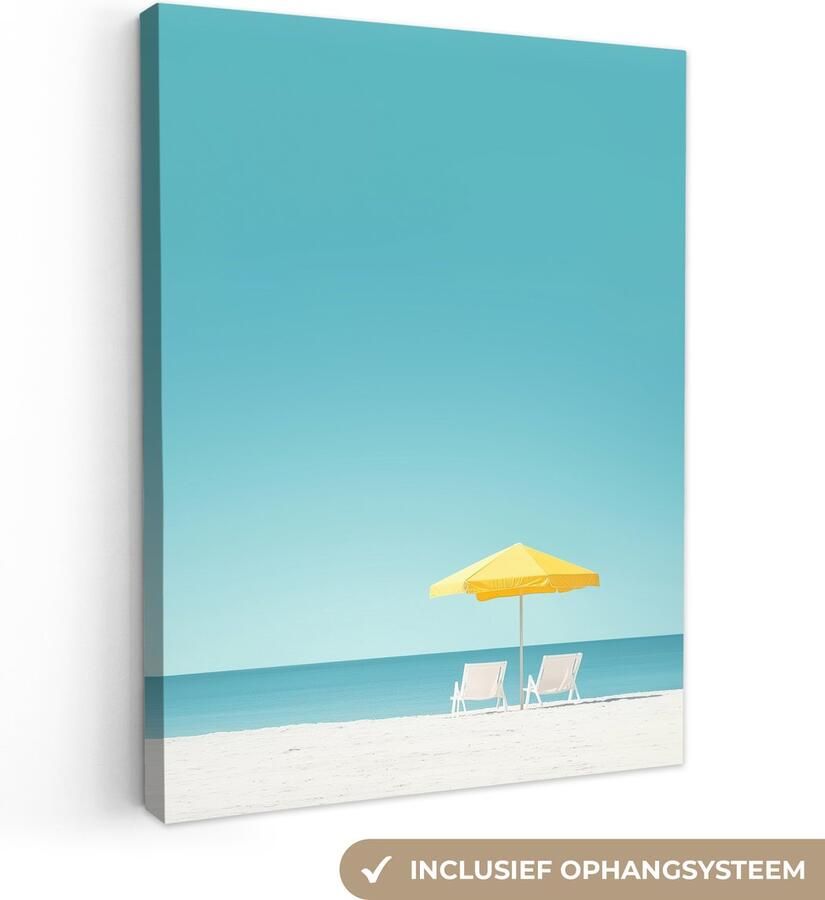 OneMillionCanvasses Canvas schilderij 90x120 cm Exclusieve wanddecoratie Strand Blauwe lucht Geel Parasol Muurdecoratie woonkamer Slaapkamer decoratie Kamer accessoires Schilderijen op canvas