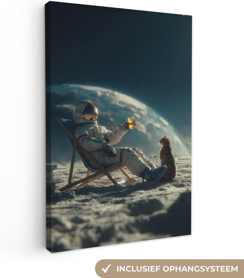 OneMillionCanvasses Canvas schilderij 40x60 cm Exclusieve wanddecoratie Astronaut Kat Glas Stoel Muurdecoratie woonkamer Slaapkamer decoratie Kamer accessoires Schilderijen op canvas
