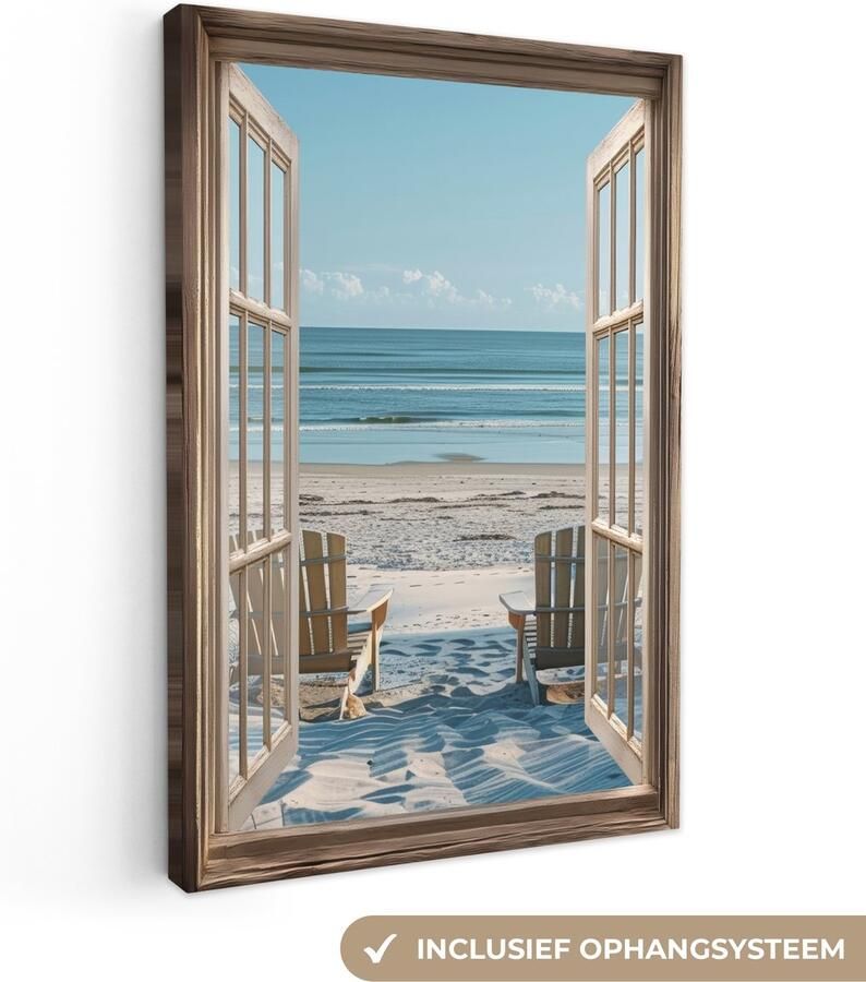 OneMillionCanvasses Canvas schilderij 20x30 cm Exclusieve wanddecoratie Doorkijk Strandstoelen Duinen Zee Natuur Muurdecoratie woonkamer Slaapkamer decoratie Kamer accessoires Schilderijen op canvas