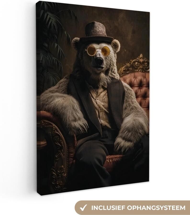 OneMillionCanvasses Canvas schilderij 40x60 cm Exclusieve wanddecoratie Ijsbeer Hoed Bril Stoel Muurdecoratie woonkamer Slaapkamer decoratie Kamer accessoires Schilderijen op canvas