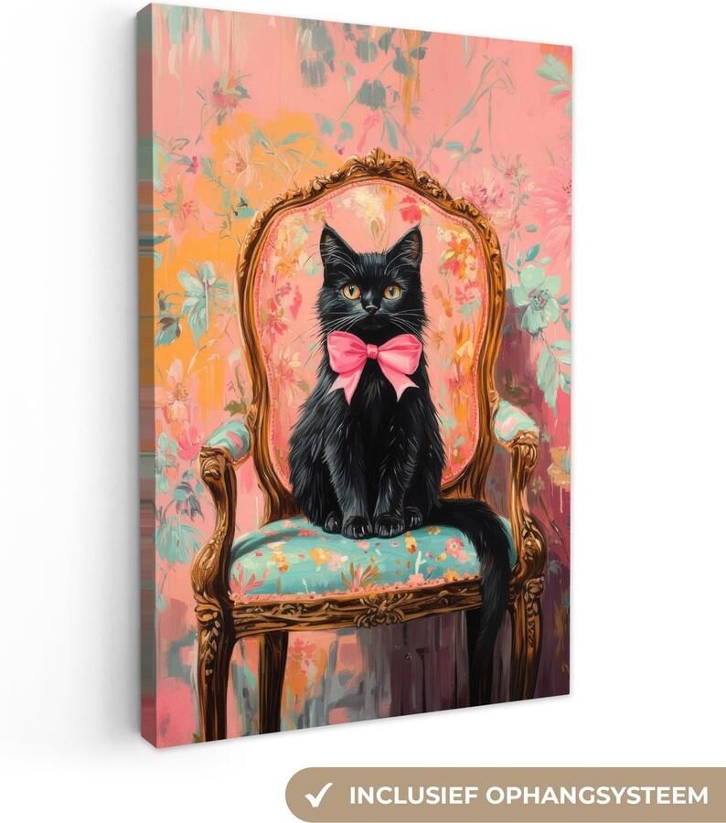 OneMillionCanvasses Canvas schilderij 40x60 cm Exclusieve wanddecoratie Kat Roze Stoel met bloemenmotief Muurdecoratie woonkamer Slaapkamer decoratie Kamer accessoires Schilderijen op canvas
