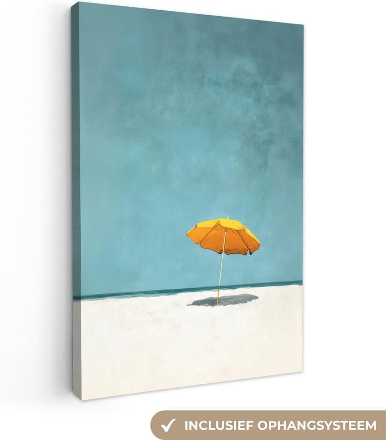 OneMillionCanvasses Canvas schilderij 40x60 cm Exclusieve wanddecoratie Parasol Geel Strand Zee Muurdecoratie woonkamer Slaapkamer decoratie Kamer accessoires Schilderijen op canvas