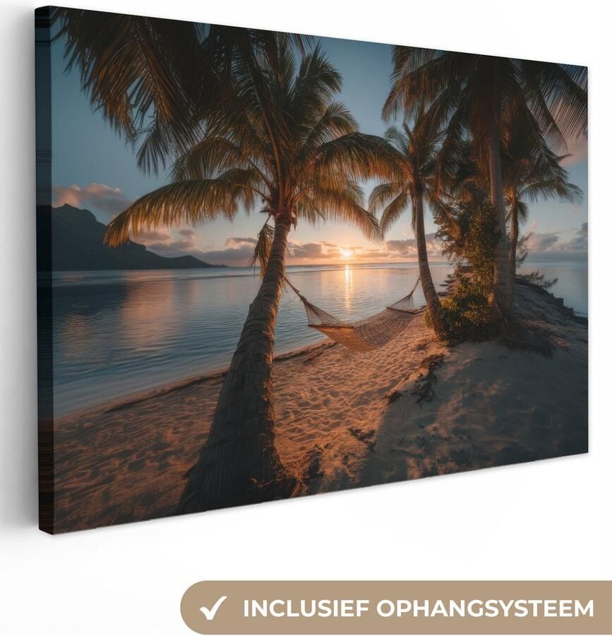 OneMillionCanvasses Canvas schilderij 120x80 cm Exclusieve wanddecoratie Palmbomen Hangmat Strand Zonsondergang Muurdecoratie woonkamer Slaapkamer decoratie Kamer accessoires Schilderijen op canvas