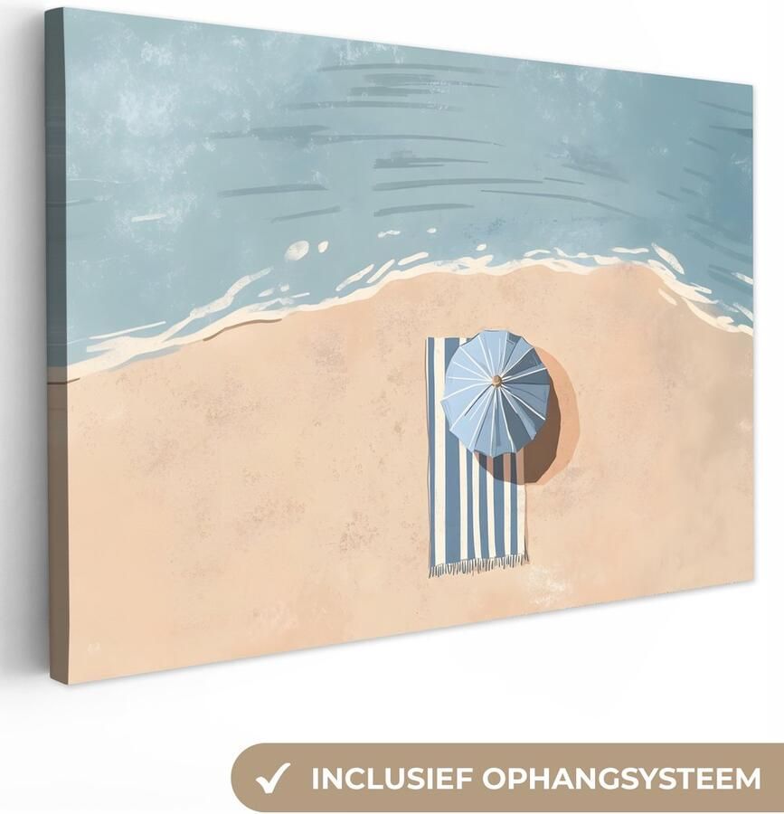 OneMillionCanvasses Canvas schilderij 90x60 cm Exclusieve wanddecoratie Strandlaken Strepen Parasol Strand Muurdecoratie woonkamer Slaapkamer decoratie Kamer accessoires Schilderijen op canvas