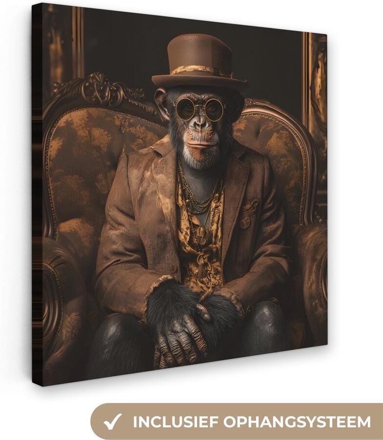OneMillionCanvasses Canvas schilderij 90x90 cm Exclusieve wanddecoratie Chimpansee Stoel Pak Bruin Muurdecoratie woonkamer Slaapkamer decoratie Kamer accessoires Schilderijen op canvas