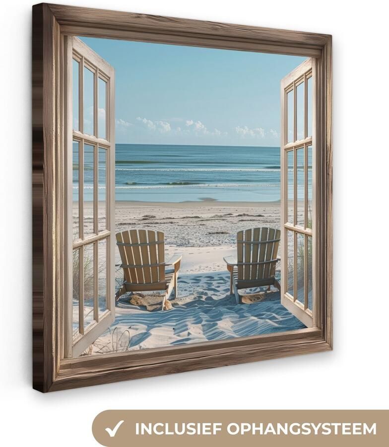 OneMillionCanvasses Canvas schilderij 50x50 cm Exclusieve wanddecoratie Doorkijk Strandstoelen Duinen Zee Natuur Muurdecoratie woonkamer Slaapkamer decoratie Kamer accessoires Schilderijen op canvas