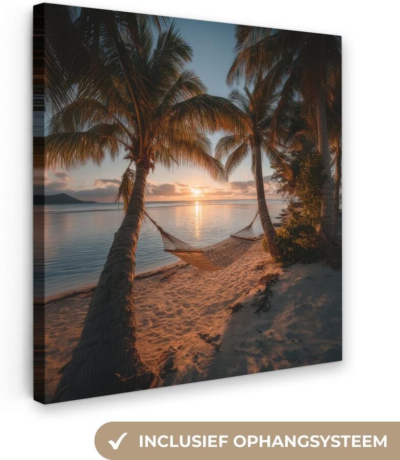 OneMillionCanvasses Canvas schilderij 90x90 cm Exclusieve wanddecoratie Palmbomen Hangmat Strand Zonsondergang Muurdecoratie woonkamer Slaapkamer decoratie Kamer accessoires Schilderijen op canvas